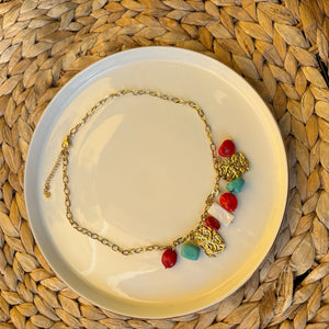 CONCHIGLIE ROSSE - collana e pendenti in acciaio placcato oro e pietre natural - OE!