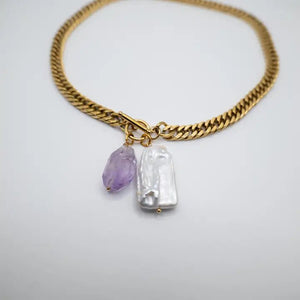 Precious Alchemy - collana a catena con perla ed ametista - OE!